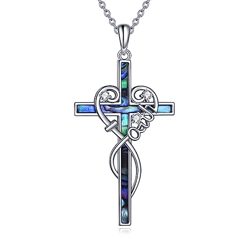 YAFEINI Kreuz Kette 925 Sterling Silber Religiöse Kreuz Anhänger Halskette mit Gravur Faith Hope Love Schmuck für Damen Mädchen Herren (Glaube Kreuz Kette mit Abalone)