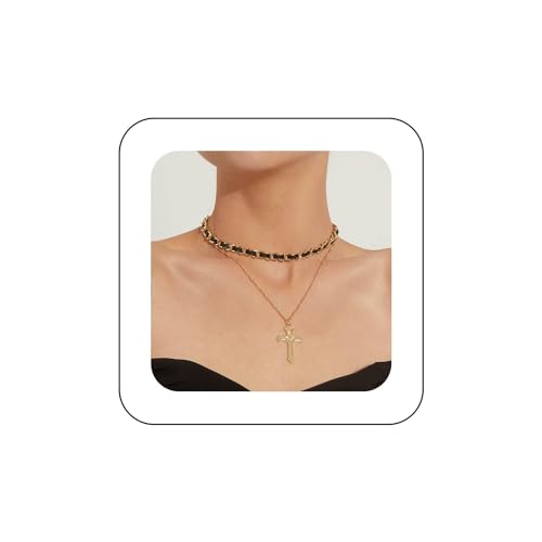 Yienate Vintage Gold Geschichtete Kreuz Halskette Schwarz Leder Choker Kette Kreuz Anhänger Gold Mehrschicht Charme Halskette Schmuck Für Frauen Und Mädchen