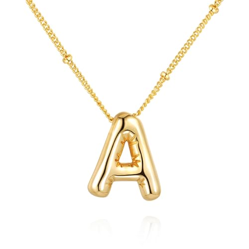 Softfree Gold Silber Kette mit Buchstaben Anhänger Damen Balloon Initialen Halskette 14 Karat Vergoldet Namenskette Personalisiert Dick Buchstabenkette Schmuck Geschenke für Frauen Mädchen (Gold A)