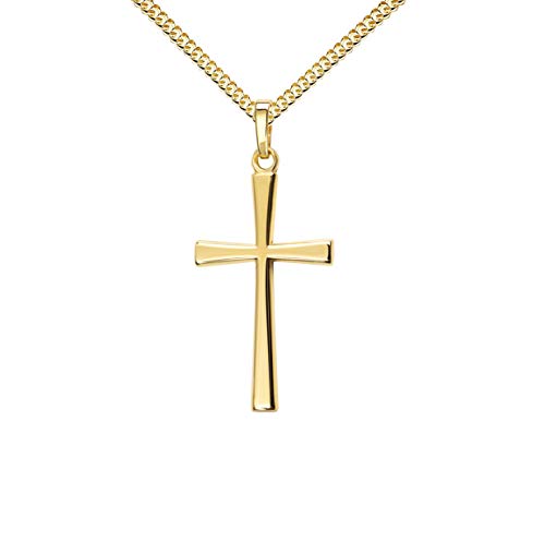 JEVELION Anhänger-Kreuz formschönes Goldkreuz für Damen, Herren und Kinder mit abgeflachten Kanten als Kettenanhänger 585 Gold 14 Karat mit Panzer-Kette vergoldet + Schmuck-Etui