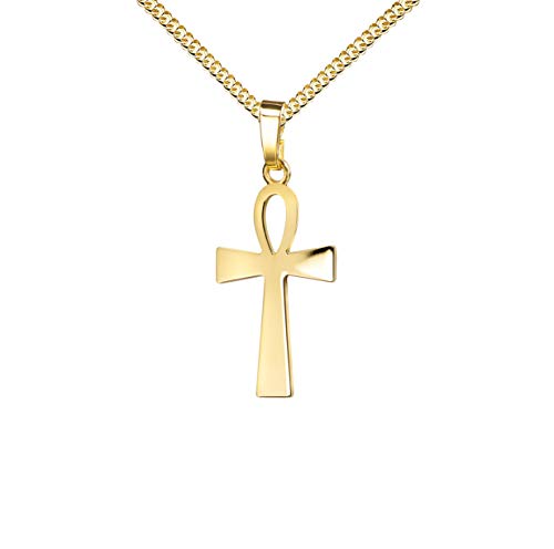 JEVELION Goldkreuz Kreuz-Anhänger Henkelkreuz Ägyptisches Kreuz in Hochglanz poliert für Damen, Herren und Kinder als Kettenanhänger 585 Gold 14 Karat mit Panzer-Kette vergoldet + Schmuck-Etui