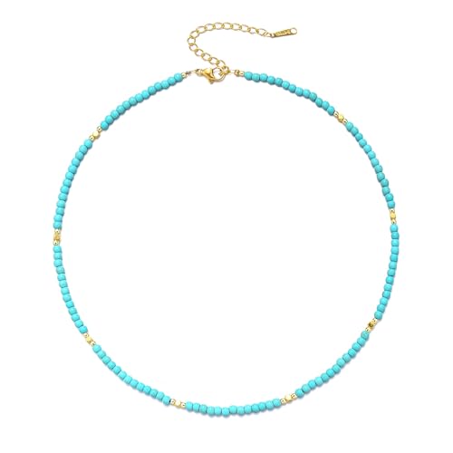 Aleasha Türkis Halskette Damen Gold Boho Kette kurze Choker Edelstahl Perlen Stein Fossil Sommer Strand handgefertigte verstellbare 37cm Schmuck Geschenke