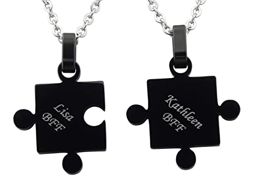 Hanessa 2 Stück Personalisierte Kette mit Gravur Edelstahl 50 cm mit Anhänger Puzzle Teil in schwarz - Personalisierte Geschenke für Damen Herren Freundin Freund - Partner Halskette für Sie und Ihn