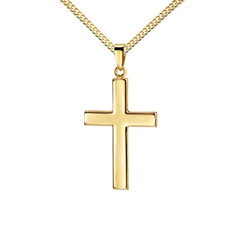 JEVELION Kette Goldkreuz Kreuz-Anhänger groß in Hochglanz poliert für Herren als Kettenanhänger 585 Gold 14 Karat mit Panzer-Kette vergoldet + Schmuck-Etui