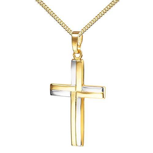 JEVELION Kreuz-Anhänger mit Kette für Damen, Herren und Kinder als KettenAnhänger 585 Gold 14 Karat bicolor mit Schmuck-Etui mit Kette 45 cm