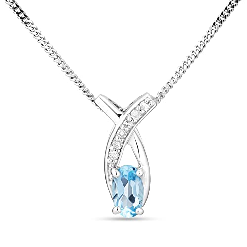 MIORE Schmuck Damen 0.03 Ct Diamant Halskette mit Kettenanhänger ovaler Edelstein Geburtsstein natürlicher blauer Topas umgeben von 6 Diamanten Brillanten Kette aus Weißgold 9 Karat 375, 45 cm lang