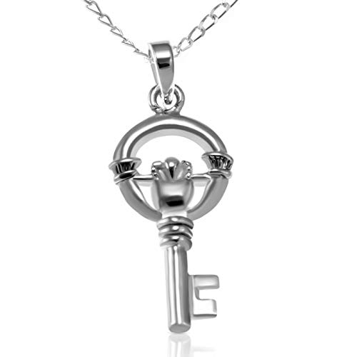 Alexander Castle Solide 925 Sterling Silber Irische Claddagh Schlüssel Keltische Anhänger Halskette - Keltischer Schmuck für Damen mit 18  Silber Kette & Schmuck Geschenk-Box - 22mm x 11mm