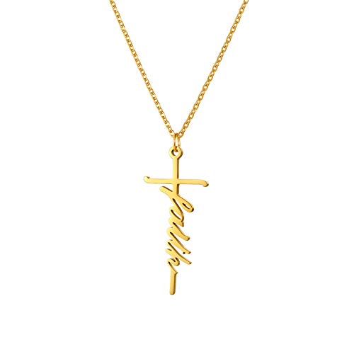 JewelryWe Kreuz Anhänger Halskette für Damen: Gold Edelstahl Kette mit Wort Faith Kreuz Anhänger Religiöses Schmuck Geschenk für Frauen Mädchen