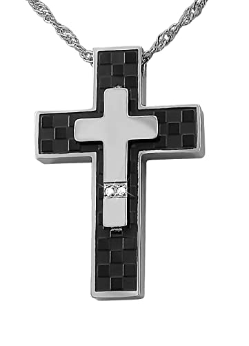 Hanessa Personalisierte Kette mit Gravur Edelstahl 45 cm mit Anhänger Kreuz mit Strass-Stein in silber schwarz - Personalisierte Halskette für Männer - Personalisierter Schmuck Herren Kettenanhänger