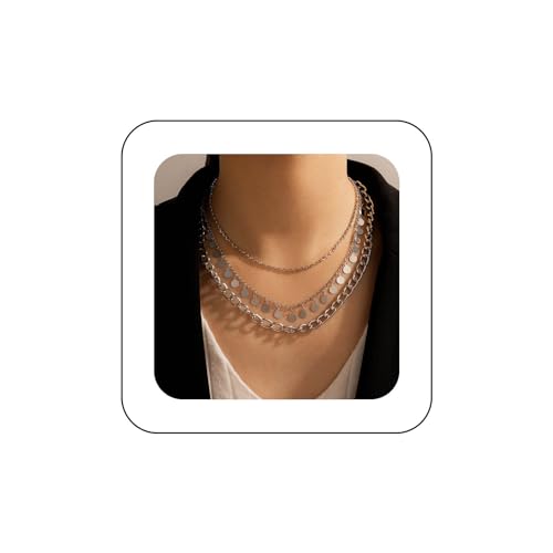 Yienate Punk Geschichtet Münze Halskette Vintage Silber Große Pailletten Anhänger Halskette Hip-Hop Klobige Kubanische Kette Choker Rock Aussage Halskette Scheibe Halskette Charme Schmuck Für Damen