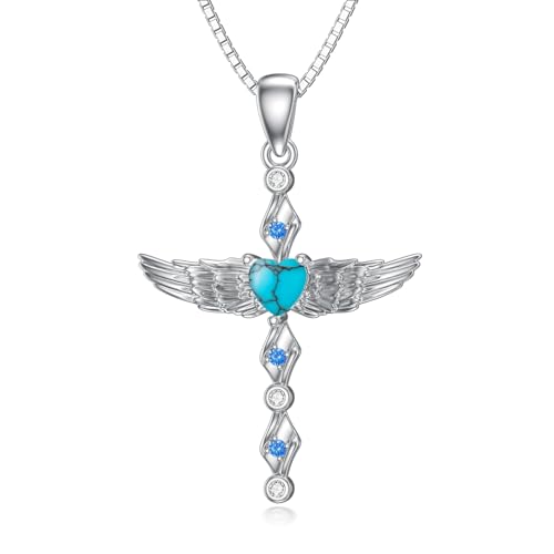 YAFEINI Kreuz Türkis Halskette für Damen 925 Sterling Silber Engel Flügel Kette Kreuz Türkis Schmuck Geschenke für Frauen Mädchen (Türkis Halskette)