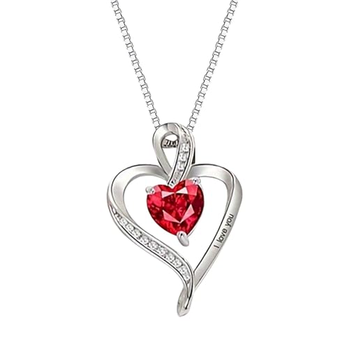 Generisch Damen Herz Geschwungen mit Zirkonia Kristallen in 925 Sterling Silber Kette Für Freundin Halskette Damen Herz Rot Valentinstag Für Geschenk Beste Freundin