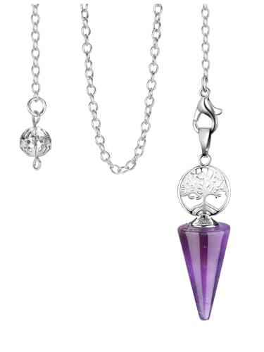 Zysta Edelstein Pendel Heilsteine Lebensbaum Pendulum Anhänger mit Kette für Reiki Heilung Dowsing Scrying Balance (Amethyst)