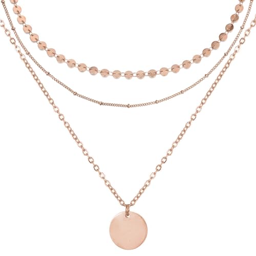 BONNYBIRD® Layering Kette Rosegold Damen Ketten Set Schlichte Kette Rosegold Boho Kette Damen Feine Halskette Edelstahl Mehrreihige Kette mit Anhänger Kette Boho