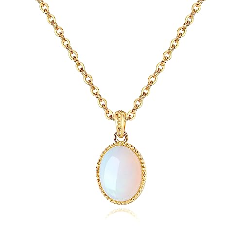 FANCIME Solide 14 Karat 585 Gelb Gold Anhänger Kette mit Echt Natürlich Opal 1ct Oval Minimalist Halskette Geschenk Schmuck für Damen Mädchen, Kettenlänge: 40 + 5 cm