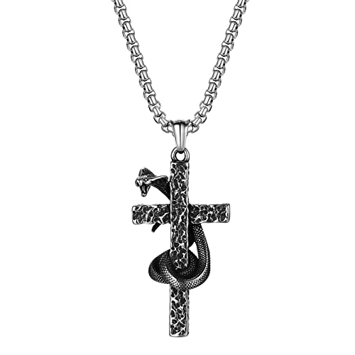 JewelryWe Schmuck Halskette Herren Retro Punk Schlange umschlingt Kreuz Edelstahl Anhänger mit 22 Zoll Kette Geschenk Silber