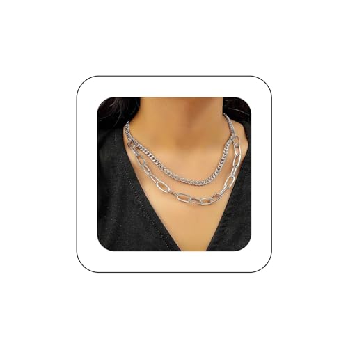 Yienate Punk Silber Geschichtet Halskette Vintage Klobige Gliederkette Gestapelt Büroklammer Kuba Kette Choker Halskette Rock Aussage Dicke Halskette Charme Schmuck Für Frauen Und Mädchen