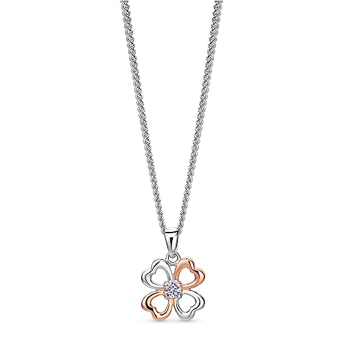 OROVI Schmuck Damen Herzen Kleeblatt Kette mit Vierblättrigem Kleeblatt Anhänger und Solitär Brillantschliff Zirkonia Zeitlose Glücksbringer Halskette aus 925 Sterling Silber Rotgold vergoldet, 46 cm