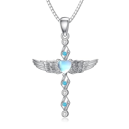 YAFEINI Mondstein Kreuz Kette für Damen 925 Sterling Silber Engel Flügel Halskette Kreuz Schmuck Geschenke für Frauen Mädchen (Kreuz Halskette)