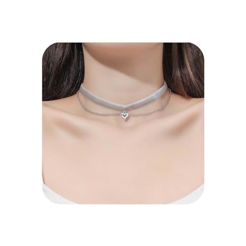 Yienate Gothic Grau Samt Choker Halskette Vintage Silber Herz Anhänger Halskette Kette Punk Geschichtet Liebe Herz Anhänger Halskette Gestapelt Erklärung Herz Halskette Charme Schmuck Für Frauen