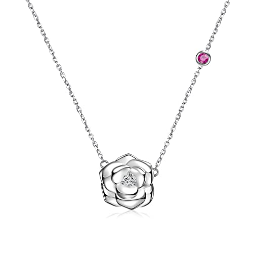 FANCIME 925 Sterling Silber Kette mit Zirkonia, Rose Blume Halskette Weißgold Plattiert, Schmuck Geschenk für Damen Mädchen Mutter, 40 + 5cm