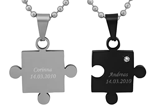 Hanessa 2 Stück Personalisierte Kette mit Gravur Edelstahl 60 cm mit Anhänger Herz Puzzle in silber schwarz - Personalisierte Geschenke für Damen Herren Freundin Freund - Partner Halskette Sie Ihn