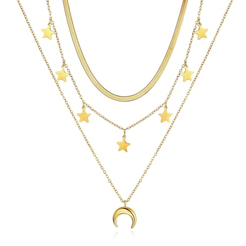 Joo&Rind Boho Style Kette Damen Halskette Damen Gold, Lebensbaum Kette Layering Kette Edelstahl mit Edelstein 18k Vergoldet Schmuck Damen, Geschenke für Frauen (Star Moon)