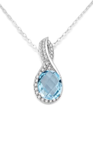 Miore Kette Damen 0.34 Ct Diamant Halskette mit Anhänger Edelstein/Geburtsstein Topas in Blau und Diamanten Brillanten Kette aus Weißgold 14 karat / 585 gold, Halsschmuck 45 cm lang