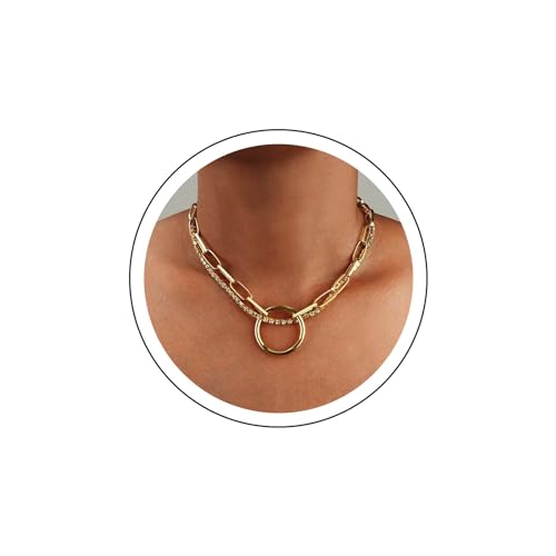 Yienate Punk Kristall Choker Halskette Geschichtet Gold Strass Choker Großen Kreis Anhänger Halskette Klobig Büroklammer Kette Choker Rock Aussage Kristall Halskette Charme Schmuck Für Frauen