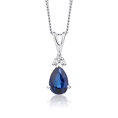 Orovi Schmuck Damen Tropfen Kette Gold mit Ketttenanhänger Edelstein/Geburtsstein Saphir in Blau verziert mit 3 natürlichen Diamanten Brillanten klassische Halskette Weißgold 9 Karat / 375 Gold