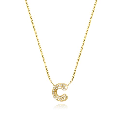 Personalisierte Kette mit Buchstaben Anhänger, Klein Halskette Damen Gold Statement Kette Damen mit Bling Zirkonia Choker Kette Gold, Geschenke für Frauen (C)