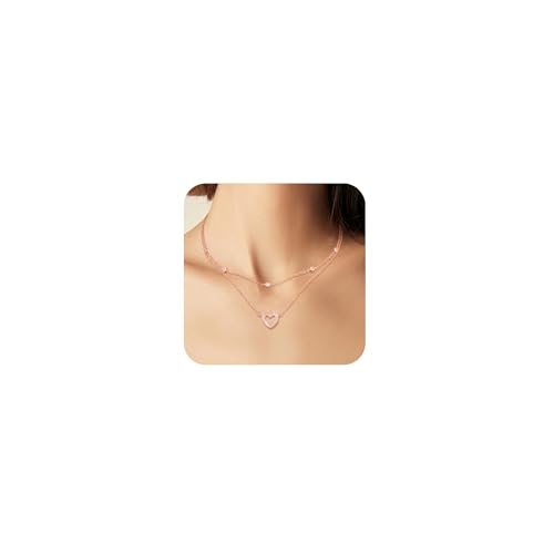 ALEXCRAFT Ketten Roségold Halskette für Damen Frauen, 14K Vergoldet Roségold Halsketten mit Herz Zirkonia Anhänger, Doppel Layering Stapelbare Layered Kette Halsketten Boho Roségold Schmuck Ketten