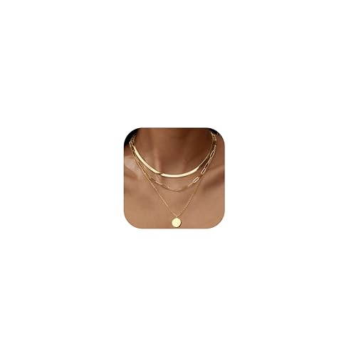 Adramata 3Pcs Gold Kette für Damen Verstellbar 14K Vergoldet Halsketten Damen Stapelbare Ketten Set Edelstahl Ketten Anhänger Herz/Münzen/Kreuz Kette Goldkette Silberkette Damen Wasserfester Schmuck