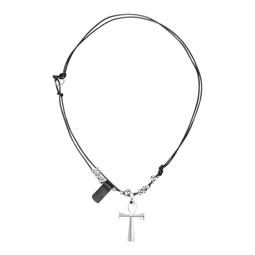 JewelryWe Lederkette Ankh Kreuz Halskette: Gothic Punk Schwarz Leder Kette mit Ägyptisches Zeichen Anch o.Ankh Kreuz Perlen Anhänger Lange Verstellbare Emo Halskette Schmuck Geschenk für Damen Männer