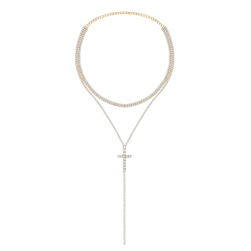 JewelryWe Kreuz Choker Halskette Damen: Gold Y-förmige Multi Reihen Strass Lange Kette mit Kreuz Anhänger Geschichtete Halsband für Frauen Mädchen