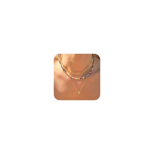 TINGN Boho Kette, Bunte Perlenkette, Laying Kette Damen, Choker Kette Damen, Kette mit K Buchstaben, Halskette Damen, Kette Gold, Statement Kette, Geschenke für Frauen, Geschenk Frauen Geburtstag