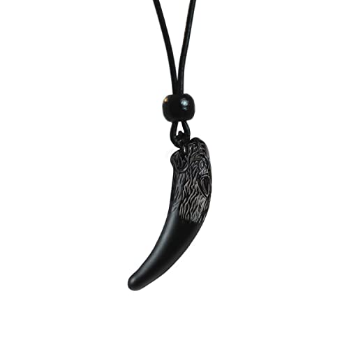 Edellis Halskette Wolfszahn Anhänger Wikinger Kette Wolfzahn Anhänger Verstellbar Lederkette Wolfszähne Tribal Talisman Halskette Amulett für Damen Herren (Schwarzer Obsidian)