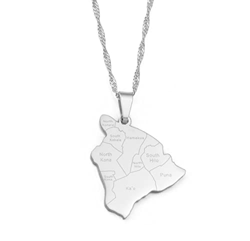 Hawaii-Karte, Halskette Für Unisex-Schmuck, Hawaii-Karte, Anhänger Mit Namen Der Stadt, Partykleid, Accessoires, Ethno-Stil, Charm-Patriotisches Symbol, Halskette, Geschenk, Silber, 60 Cm Kette