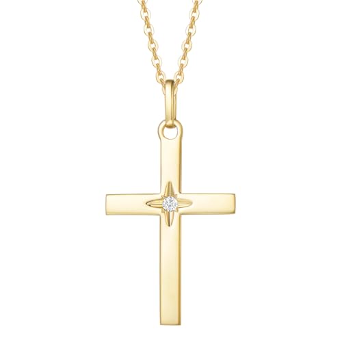 FANCIME Solide 14 Karat 585 Gelb Gold Kette mit Kreuz Christian Anhänger, Klein Minimalist Halskette mit Echt Diamant Schmuck Geschenk für Damen Mädchen, Verstellbar Kettenlänge: 40+5 cm