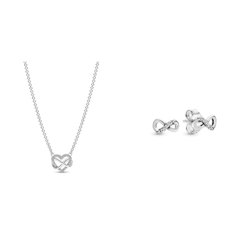 PANDORA Moments Funkelnde Unendlichkeits-Herz Collier-Halskette aus Sterling Silber mit Zirkonia Steinen, Größe 50cm, 392666C01-50 & Ohrstecker Funkelnde Unendlichkeit Silber 298820C01