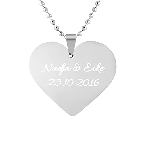 Hanessa Personalisierte Kette mit Gravur Edelstahl 60 cm mit Anhänger Herz in silber - Personalisierte Halskette für Frauen - Personalisierter Schmuck Damen