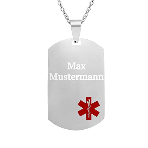 Hanessa Personalisierte Kette mit Gravur Edelstahl 45-60 cm Anhänger Dog Tag medizinische Daten Notfallkontakt in Silber -Halskette für Männer und Frauen - Personalisierter Schmuck Damen Herren