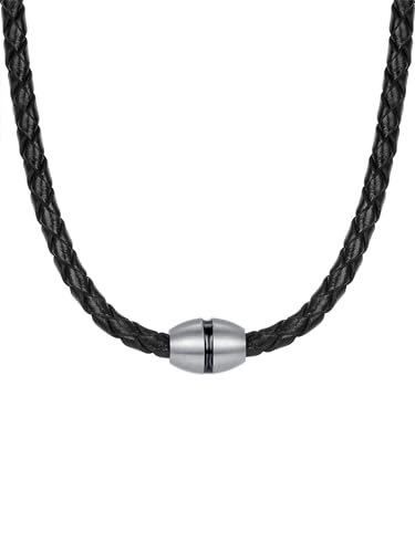 True Rebels Herren-Kette Echtleder schwarz Edelstahl 48 cm - Lederkette Mann Edelstahl Lederhalskette Männer Schmuck Halskette