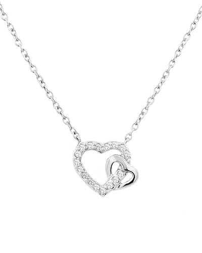 Damen Kette Herz Anhänger Halskette 925 Sterling Silber I Herzkette Echtsilber zwei verschlungene Herzen I Echt Silberkette mit Zirkoniasteinen I Schmuck Geschenk für Frauen Sie Frau Freundin