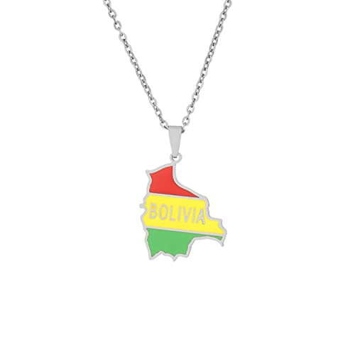 JEDTAKCT Bolivien-Karte-Flagge-Anhänger-Halskette – Damen-Herren-Schmuck, Tropfendes Öl, Karte, Geometrisch, Ethno-Stil, Mode, Student, Pullover, Kette, Charm-Geschenk-Anhänger, Weiß, 45 Cm