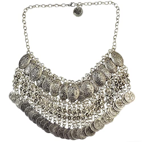 YAZILIND Retro Münzform Quaste Anhänger Chunky Halskette Bohemian Ethno Stil Pullover Kette Damen Schlüsselbein Kette Schmuck(Silber)