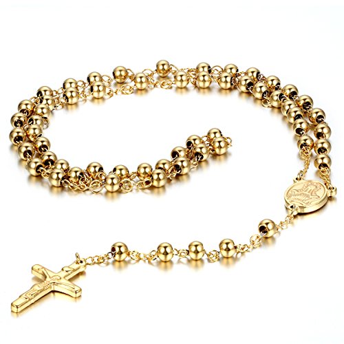 JewelryWe Schmuck Edelstahl Anhänger Halskette Gold Jesus Christ Kruzifix Kreuz Rosenkranz Jahrgang 30.7 Zoll Kette Herren,Damen