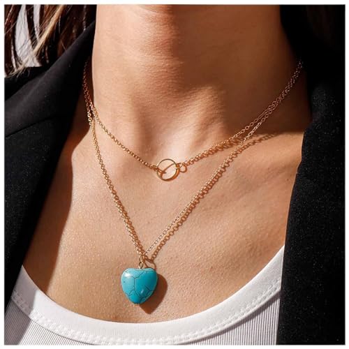 Cimenexe Bohème Herz Türkis Anhänger Halskette Gold Geschichtet Kreis Choker Halskette Liebe Herz Türkis Halskette Hohlen Geometrischen Kette Halskette Schmuck Für Frauen Und Mädchen Geschenke