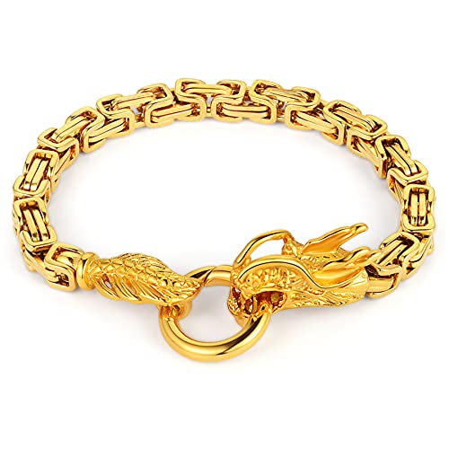 Flongo Herren Armband Männer Königskette Armreif Armkette Drache Kopf Fahrradkette Motorradkette Gold Biker Herren-Accessoires