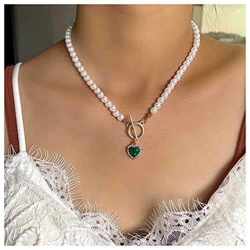 Cimenexe Bohème Smaragd Herz Halskette Kette Vintage Perle Choker Halskette Grün Cz Herz Anhänger Halskette Toggle Verschluss Halskette Choker Schmuck Für Frauen Und Mädchen